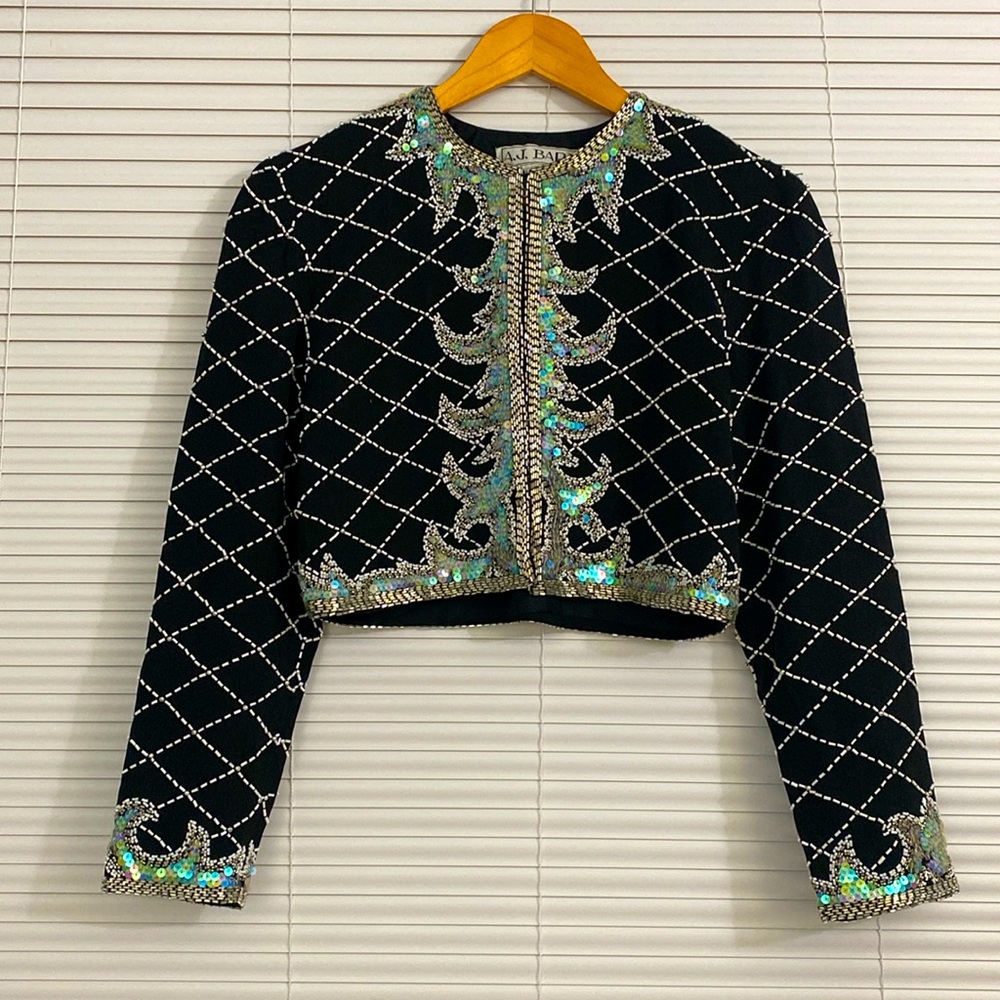 A.J. Bari Elegant Black Silk beaded cropped jacket Size 4